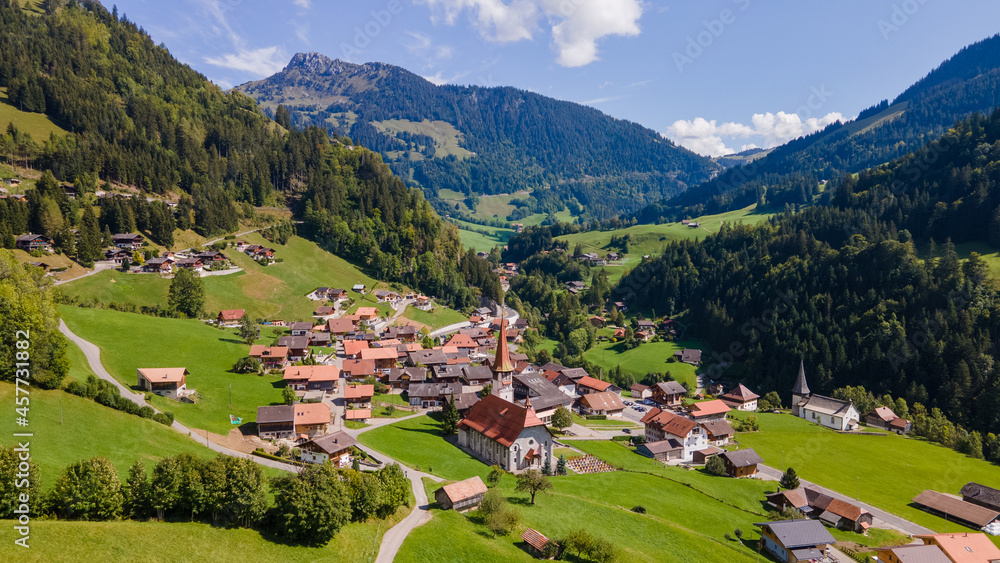 Jaun Pass and its beautiful valley, Switzerland. 