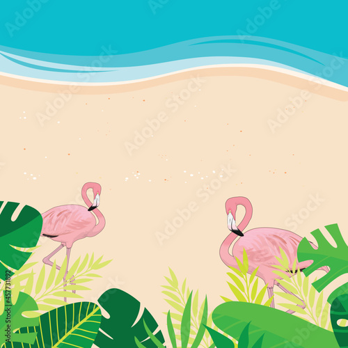 Two pink flemingos by the sea beach with green leaves and blue sea in summer scenery
