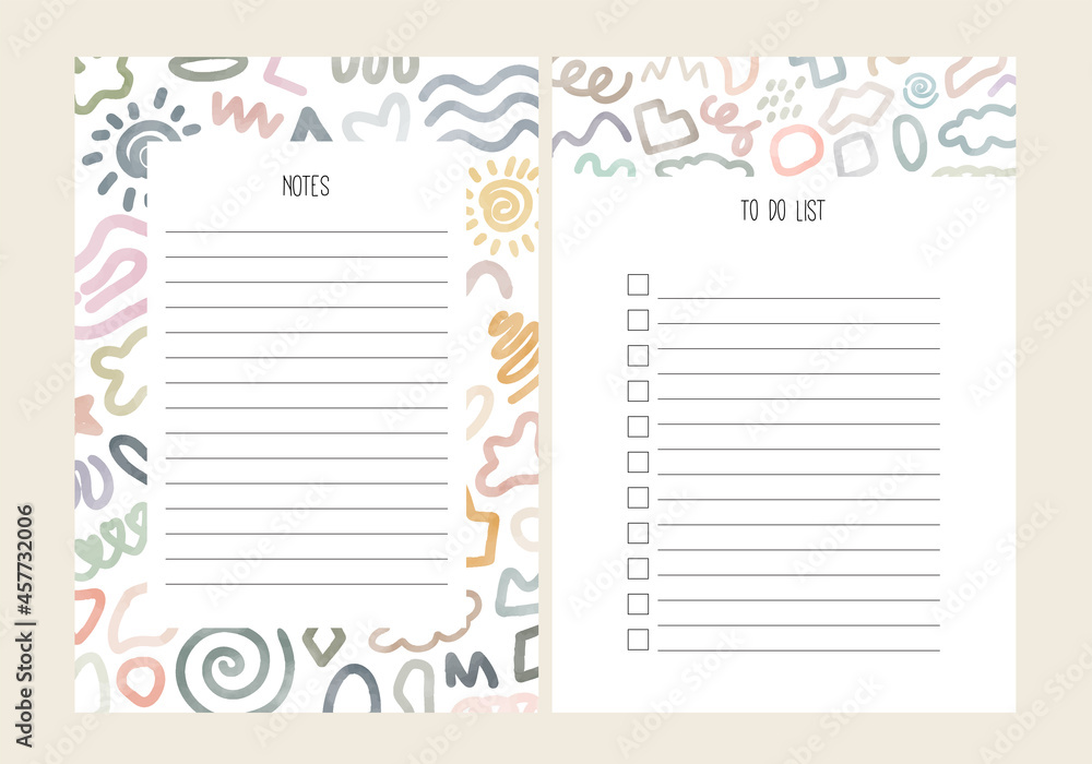 Notes and to do List Template with Cute Handdrawn Abstract Pastel Design