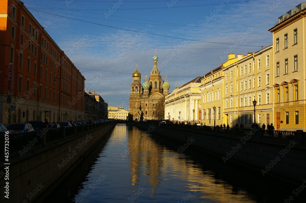 beautiful landscape  the  church of savior on spilled blood  reflection inthe canal in bright day