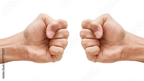 Right and left hand fist punch close up, Man strong fist on white background, Man punch fist on isolated white background, Man arm with blood veins, Man clenched fist isolated