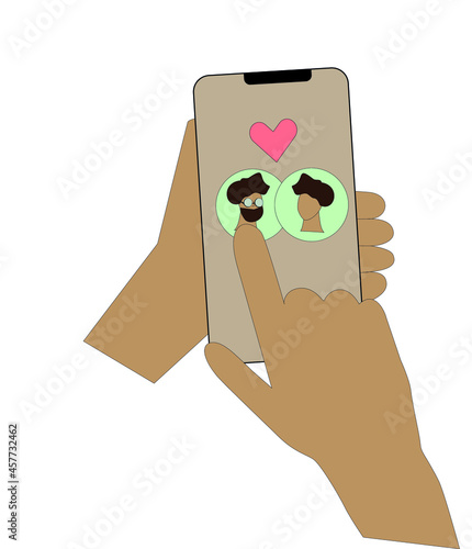 Application concept. Hand holds smartphone with gay couple on display. Flat simple linear style vector illustration. LGBT love concept. Pair of romantic partners on date.Valentine's Day.