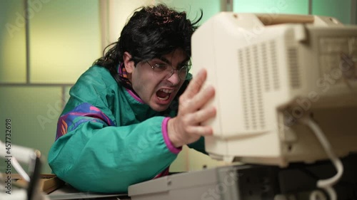 Mad and Angry Nerd Getting Frustrated By His Computer Not Working 80s 90s