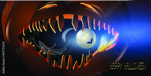 Happy Halloween scary background. Jack O 'Lantern pumpkin and huge toothy mouth is ready to swallow you 