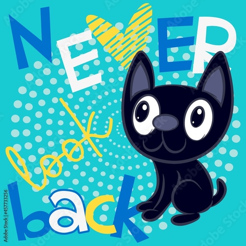 funny black cat with text and spiral bubbles background