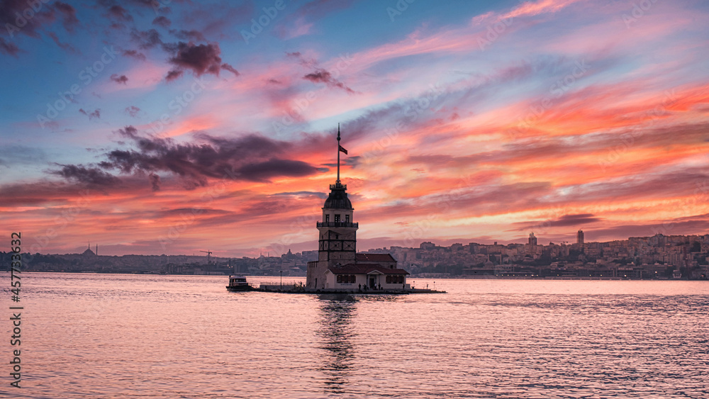 Maiden Tower - Kiz Kulesi beautiful Sunset view. Sunset panorama, Blue Hour, Golden Hour Istanbul Turkey