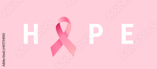 Vector Illustration of Pink Breast Cancer Ribbon in Word Hope on Pink Color Background. Symbol of Breast Cancer Awareness, Psychological Support and Help. Design for Awareness Month Campaign Poster
