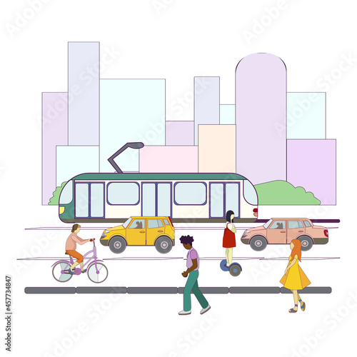 Vector people and Public transport in city on white isolated background, pedestrians, tram, cars, bicycle, hoverboard in Cartoon style, concept of Urban Transport system, Road Traffic in metropolis.
