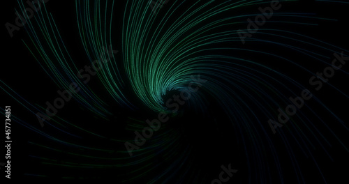 Render with a hypnotic background of spiral lines in a blue and green background