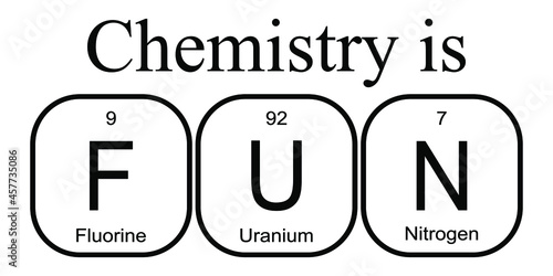 Chemistry is FUN – Fluorine, Uranium and Nitrogen. Funny phrase with the periodic table of the chemical elements on yellow background, vector illustration. Design element for poster, t-shirt print.