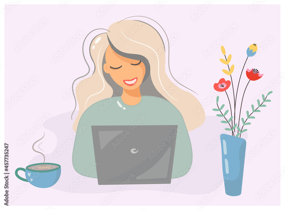 The girl is actively working and studying at the computer in the summer. Blonde with a laptop, a cup of coffee and a bouquet of flowers. Remote work and training. Cartoon vector design with cute woman The girl is actively working and studying at the computer in the summer. Blonde with a laptop, a cup of coffee and a bouquet of flowers. Remote work and training. Cartoon vector design with cute woman