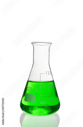 Laboratory equipment, Erlenmeyer Flask filled by green liquid with reflection isolated on white background with clipping path.