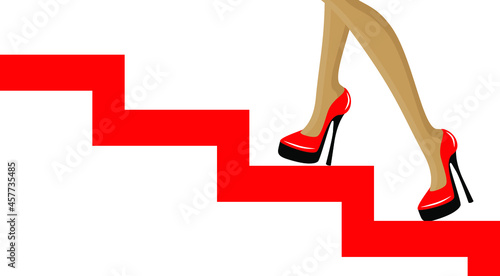 Beautiful girl's legs with high heeled red shoes walking up the stairs. Career, ambition, development, businesswoman concept. Vector fashion illustration.
