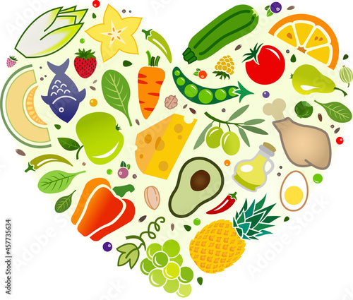 Love food vector illustration. Colourful heart of healthy vegetables, fruit, dairy, meat. Flat lay of ingredients icons isolated on white. Healthy eating, balanced diet or dieting, detox, nutrition. photo