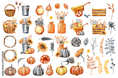 Set of elements of autumn design, bouquets, sunflowers, flowers, fallen leaves, basket, wreath, wild rose, fezalis. Watercolor illustration isolated on white background