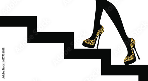 Beautiful girl's legs with high heeled jaguar shoes walking up the stairs. Career, ambition, development, businesswoman concept. Vector fashion illustration.