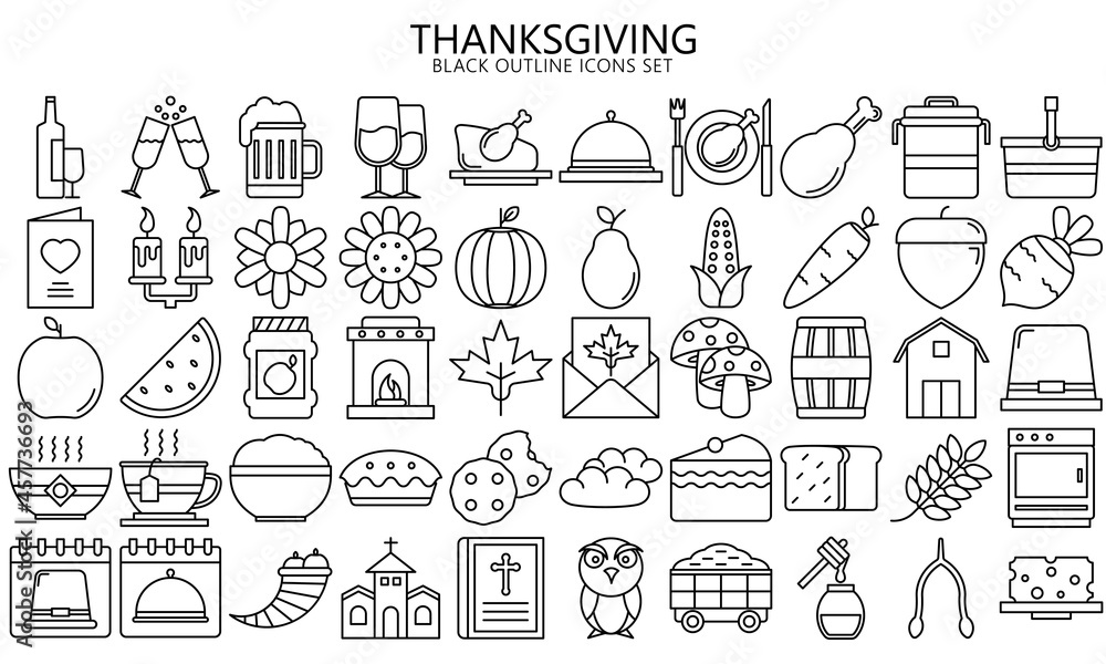 Thanksgiving day outline vector icon set. Collection of holiday traditional elements, thin outline symbols. Used for modern concepts, web, UI, UX kit  and applications. EPS 10 ready to convert to SVG