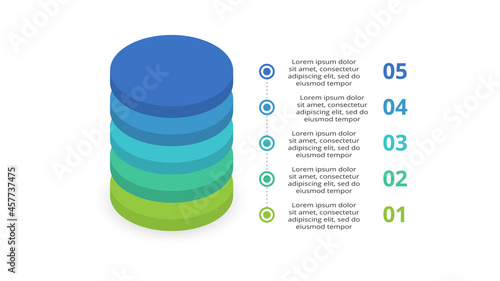 3D vector infographic pyramid, or comparison chart with 5 colorful levitating layers. Realistic infographic template.