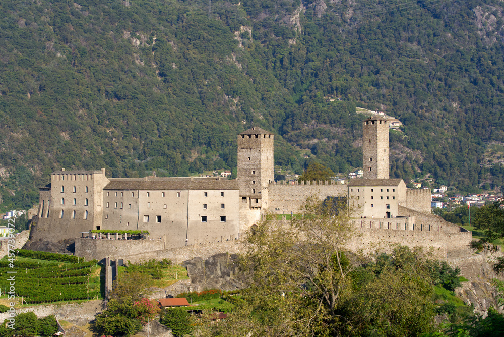 UNESCO World Heritage castle Castelgrande at City of Bellinzona on a sunny morning. Photo taken September 12th, 2021, Bellinzona, Switzerland.
