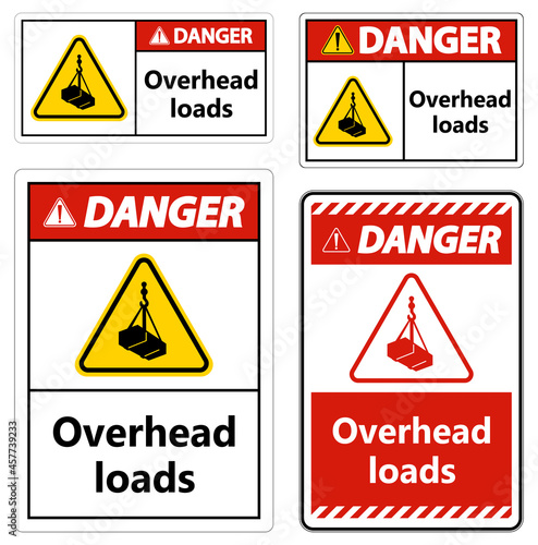 Danger, overhead load text, falling hazard risk caution warning sign
