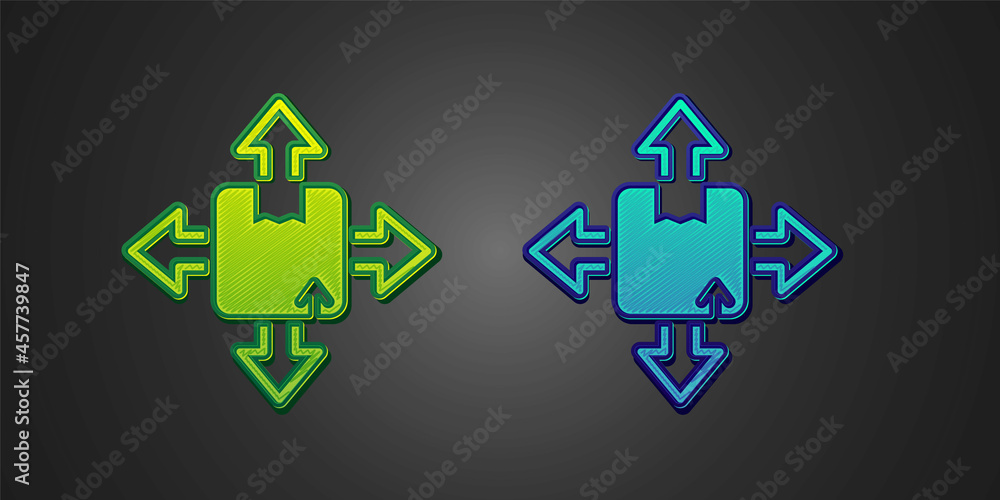 Green and blue Carton cardboard box icon isolated on black background. Box, package, parcel sign. Delivery and packaging. Vector Green and blue Carton cardboard box icon isolated on black background. Box, package, parcel sign. Delivery and packaging. Vector