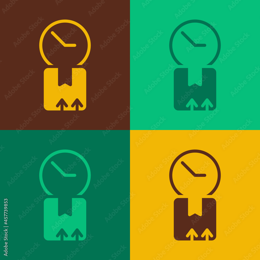 Pop art Carton cardboard box and fast time delivery icon isolated on color background. Box, package, parcel sign. Delivery and packaging. Vector Pop art Carton cardboard box and fast time delivery icon isolated on color background. Box, package, parcel sign. Delivery and packaging. Vector