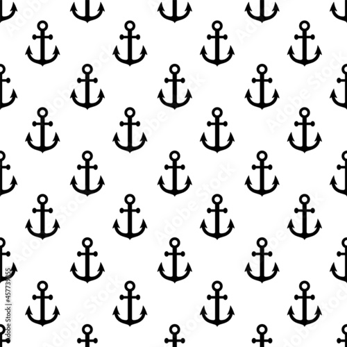 Anchor seamless pattern. Anchors texture. Black symbol boat or ship isolated on white background. Repeated marine pattern. Nautical design for prints. Maritime patern. Repeating sea backdrop. Vector