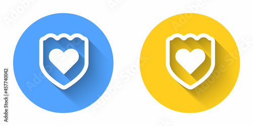 White Immune system icon isolated with long shadow background. Medical shield. Circle button. Vector