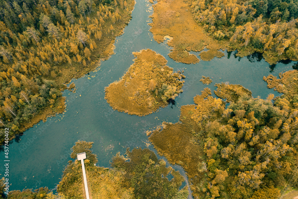 Autumn lake surrounded by forest Izvara park and ecological trail, Volosovsky district, Leningrad region Russia. Aerial view