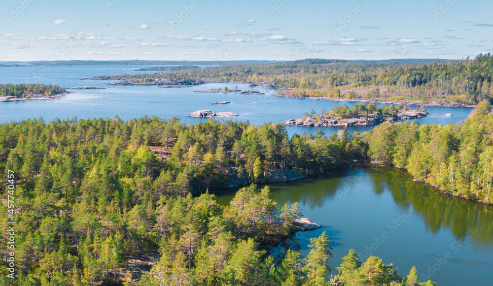 Cape Impiniemi and Lake Impilampi on the shores of Lake Ladoga in Karelia in the Gulf of Impilahti top view