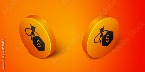 Isometric Sale of bees icon isolated on orange background. Sweet natural food. Honeybee or apis with wings symbol. Flying insect. Orange circle button. Vector © Iryna