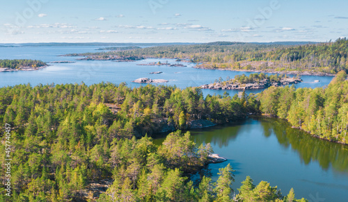 Cape Impiniemi and Lake Impilampi on the shores of Lake Ladoga in Karelia in the Gulf of Impilahti top view