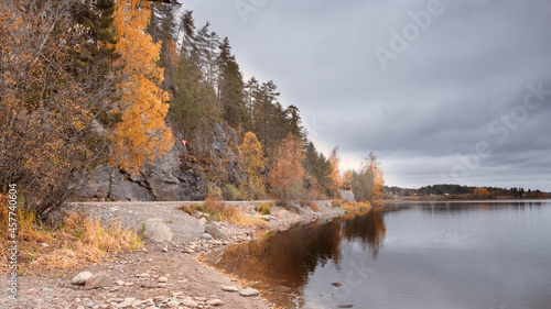 Rocks of the snake mountain near Lake Ladoga in Karelia, in late autumn