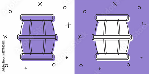Set Wooden barrel with honey icon isolated on white and purple background. Vector