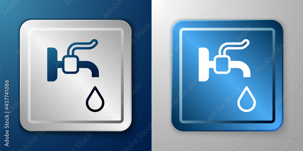 White Water tap icon isolated on blue and grey background. Silver and blue square button. Vector White Water tap icon isolated on blue and grey background. Silver and blue square button. Vector