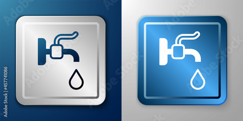 White Water tap icon isolated on blue and grey background. Silver and blue square button. Vector