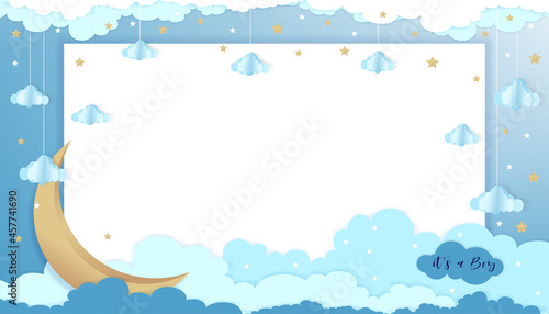 Baby boy shower greeting card on blue background,Vector Paper art abstract origami cloudscape, crescent moon and stars on blue sky,Cute paper cut with copy space for baby's photos