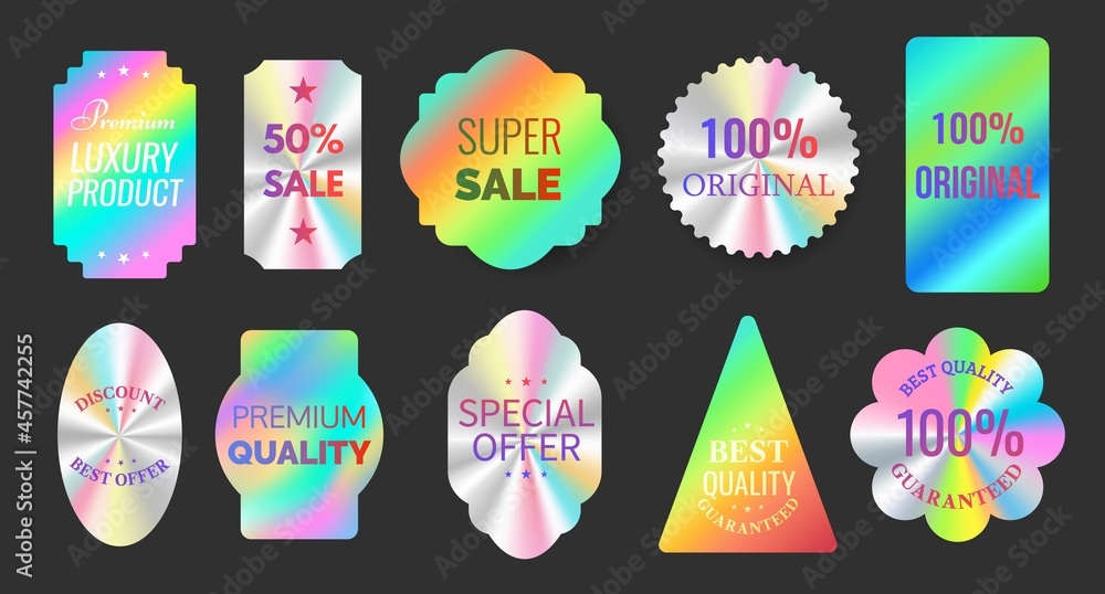 Quality hologram foil sticker labels for original products. Geometric seal for official certification, guarantee and sale emblems vector set
