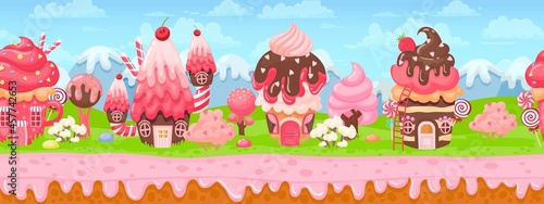 Sweet candy land seamless panorama for game background. Cartoon magic world with cake houses, pink cream and caramel trees vector landscape