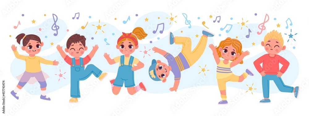 Happy cartoon children group dancing and jumping together. Fun active kid  friends play. Kindergarten characters at dance party vector banner Stock  Vector | Adobe Stock