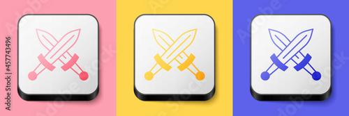 Isometric Crossed medieval sword icon isolated on pink, yellow and blue background. Medieval weapon. Square button. Vector