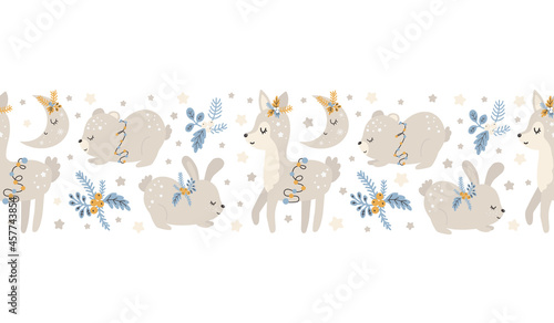 Fototapeta Naklejka Na Ścianę i Meble -  Christmas pattern with animals scandinavian hand drawn seamless pattern. New Year, Christmas, holidays texture for print, paper, design, fabric, background. Vector illustration