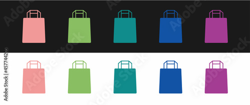 Set Paper shopping bag icon isolated on black and white background. Package sign. Vector