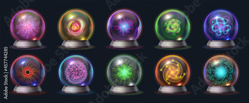 Realistic magic crystal ball with glowing energy and lightnings. Fortune predict sphere, occult glass globe with mystical effects vector set