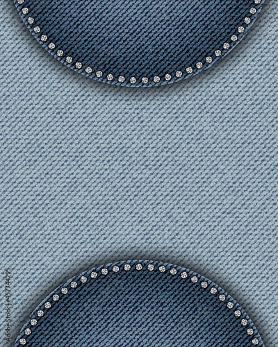 Blue denim banner with round patches containing silver sequins along border