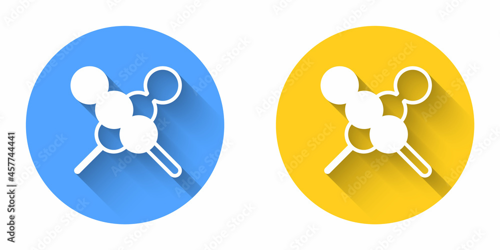 White Meatballs on wooden stick icon isolated with long shadow background. Skewer with meat. Circle button. Vector White Meatballs on wooden stick icon isolated with long shadow background. Skewer with meat. Circle button. Vector