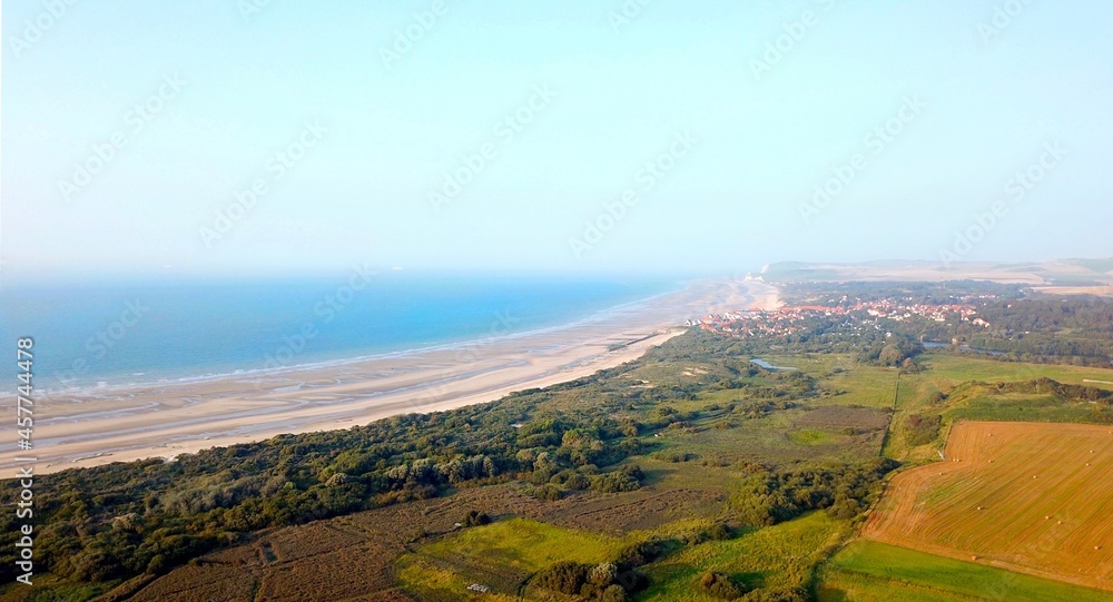 Naklejka premium aerial view of the beach and dunes between Cap Blanc-Nez and Cap Gris-Nez, near Wissant and Tardinghen, opal coast, pas-de-calais, Hauts-de-France, france