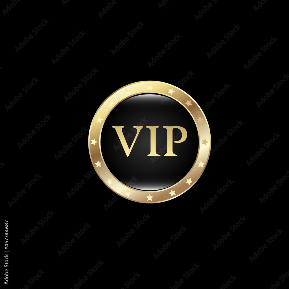 VIP black label with round gold ring frame. Dark glossy premium template. Vector illustration