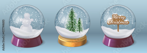 Realistic crystal snow ball with snowman and christmas tree. Glass globe sphere with winter holiday decoration. 3d xmas snowglobe vector set
