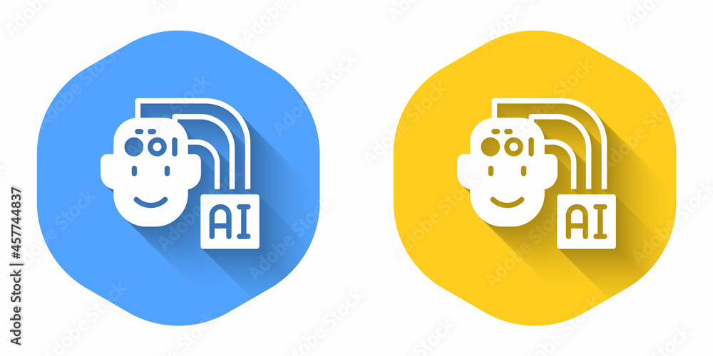 White Humanoid robot icon isolated with long shadow background. Artificial intelligence, machine learning, cloud computing. Circle button. Vector White Humanoid robot icon isolated with long shadow background. Artificial intelligence, machine learning, cloud computing. Circle button. Vector